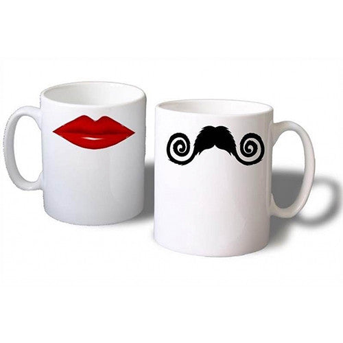 His and Hers Red Lips Kiss Moustache Novelty Mug