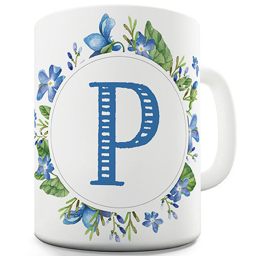 P Floral Letter Border Initial Novelty Mug
