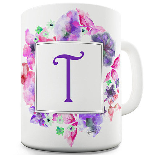 T Floral Letter Border Initial Novelty Mug