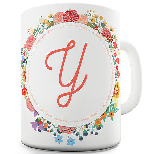 Y Floral Letter Border Initial Novelty Mug