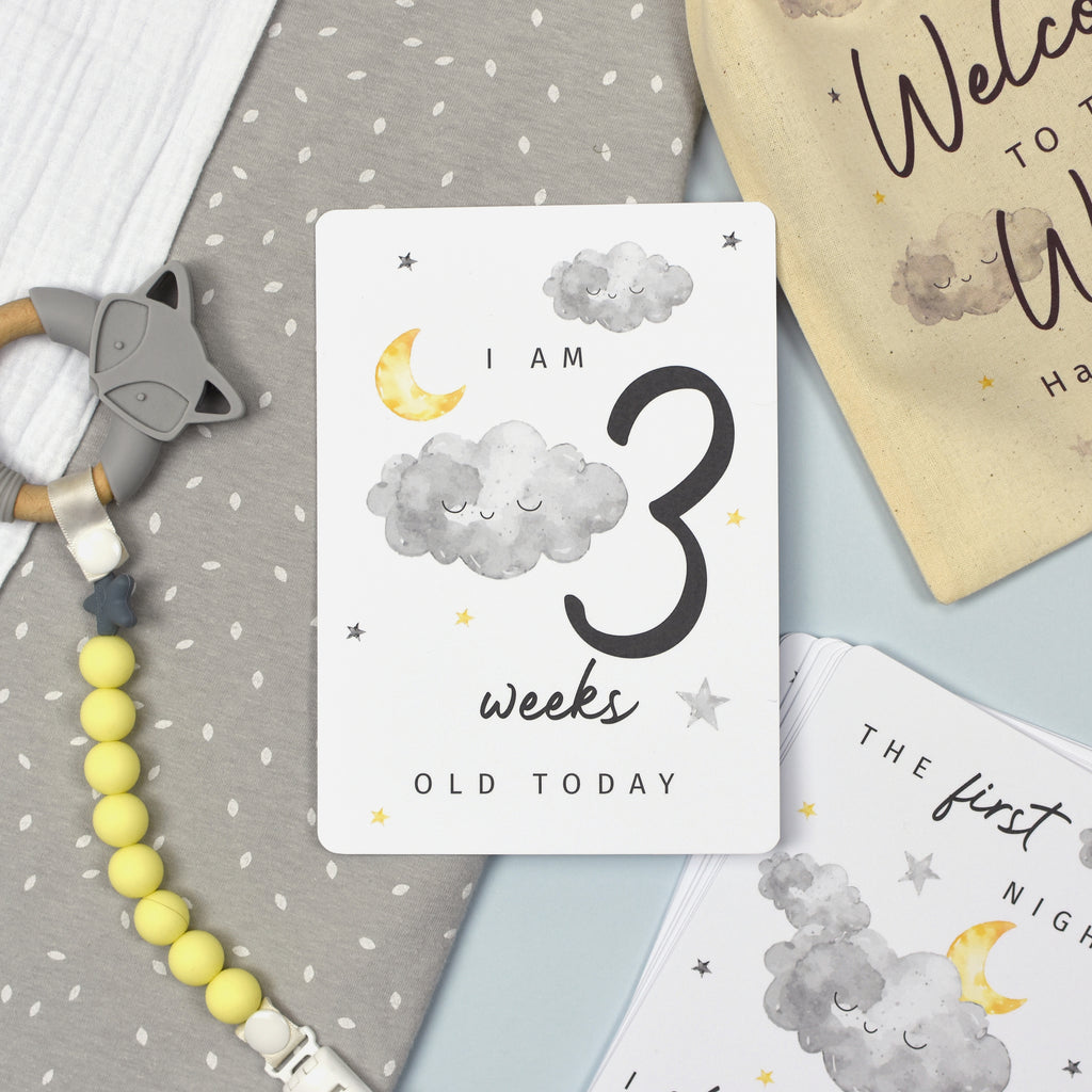 Personalised Cloud Baby Milestone Cards In Drawstring Bag