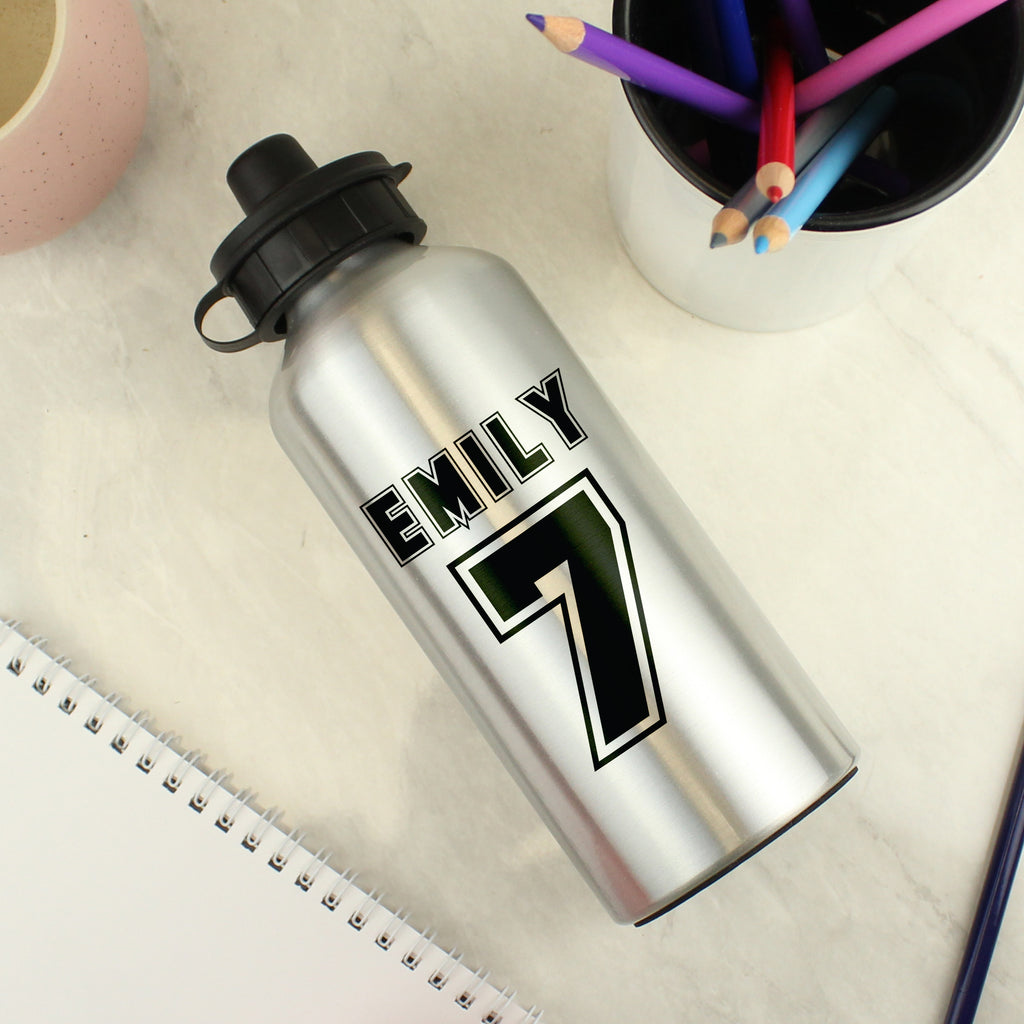 Personalised Sports Number Silver Drinks Bottle