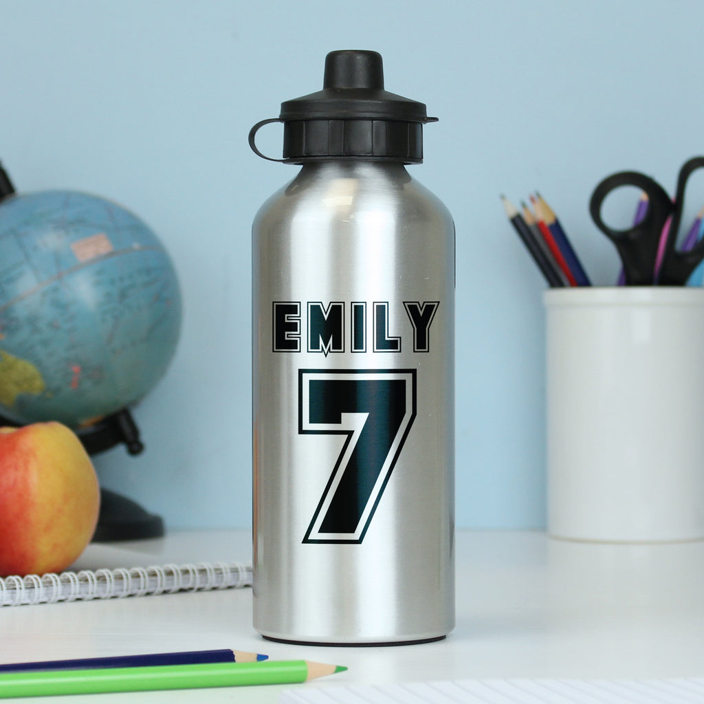 Personalised Sports Number Silver Drinks Bottle