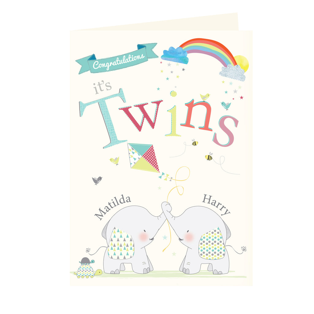 Personalised Hessian Elephant Twins Card