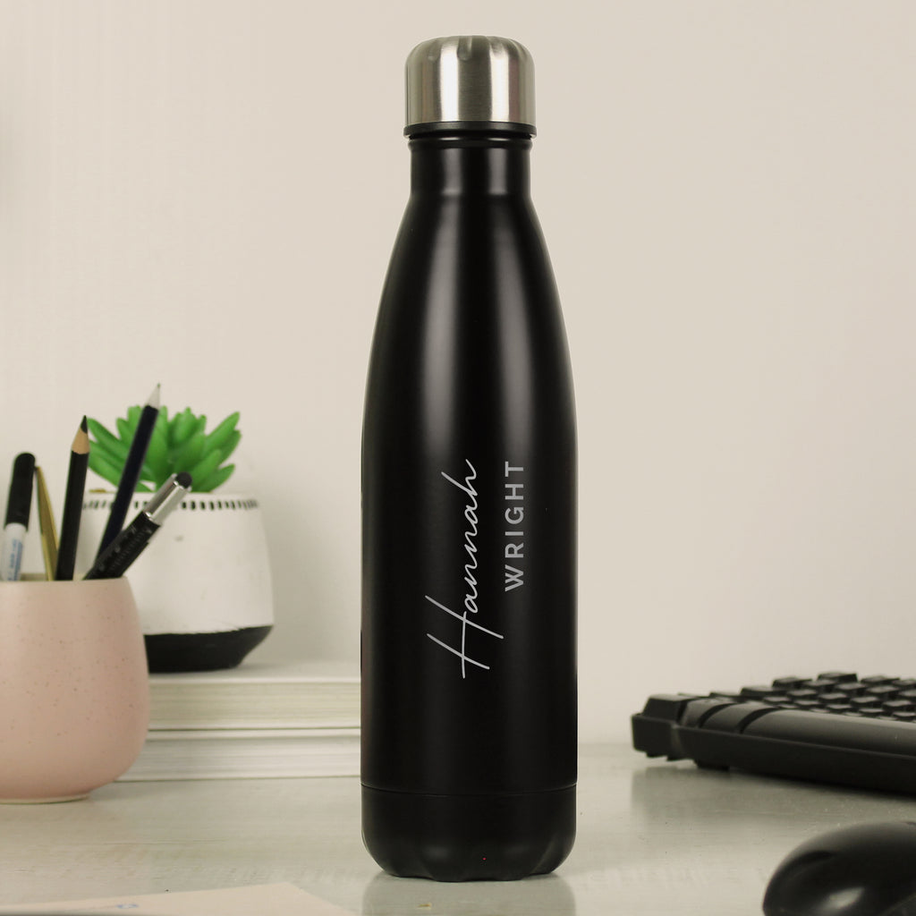 Personalised Two Lines Black Metal Insulated Drinks Bottle