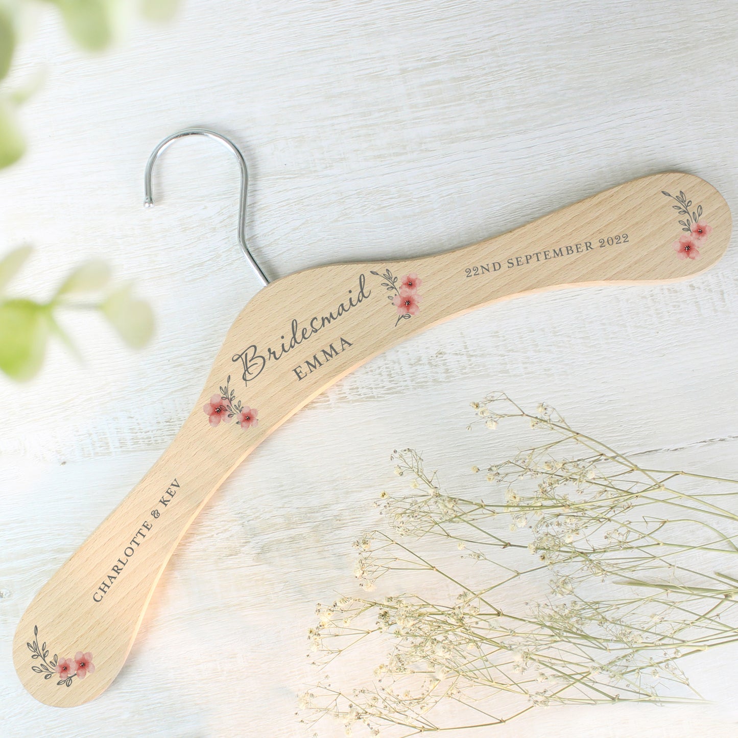 Personalised Pink Floral Wooden Hanger