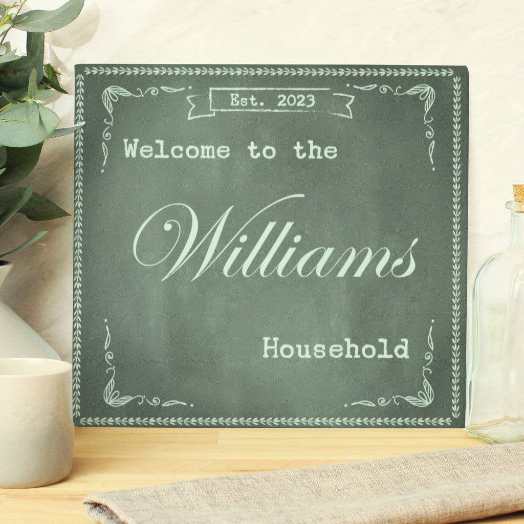 Personalised Family Chalk Glass Chopping Board/Worktop Saver