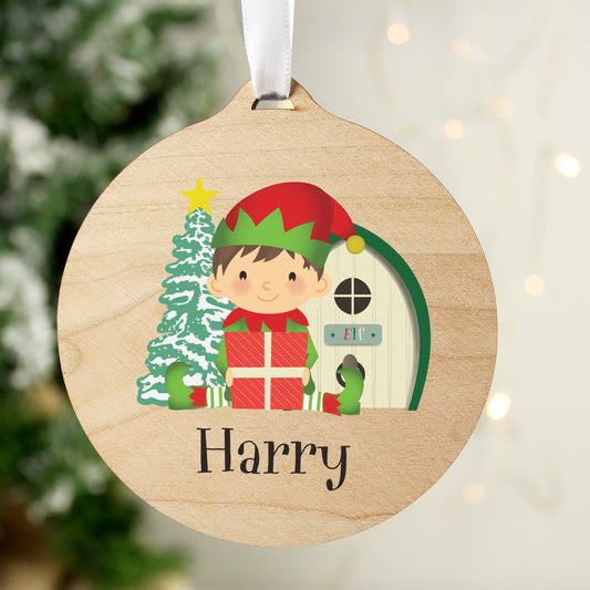 Personalised Elf Round Wooden Decoration