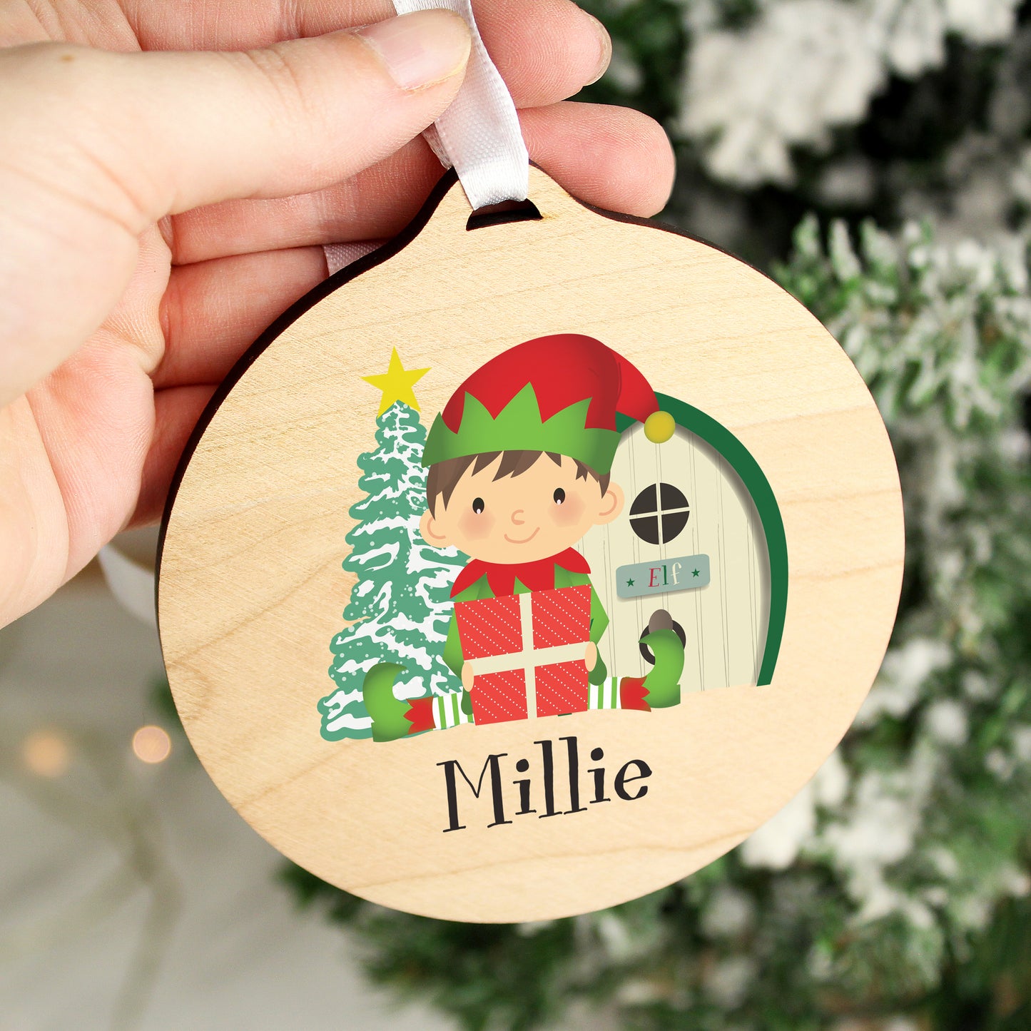 Personalised Elf Round Wooden Decoration