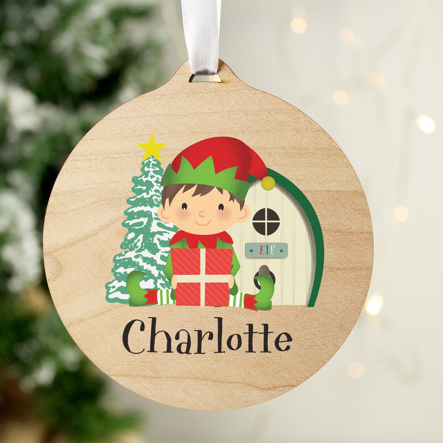 Personalised Elf Round Wooden Decoration