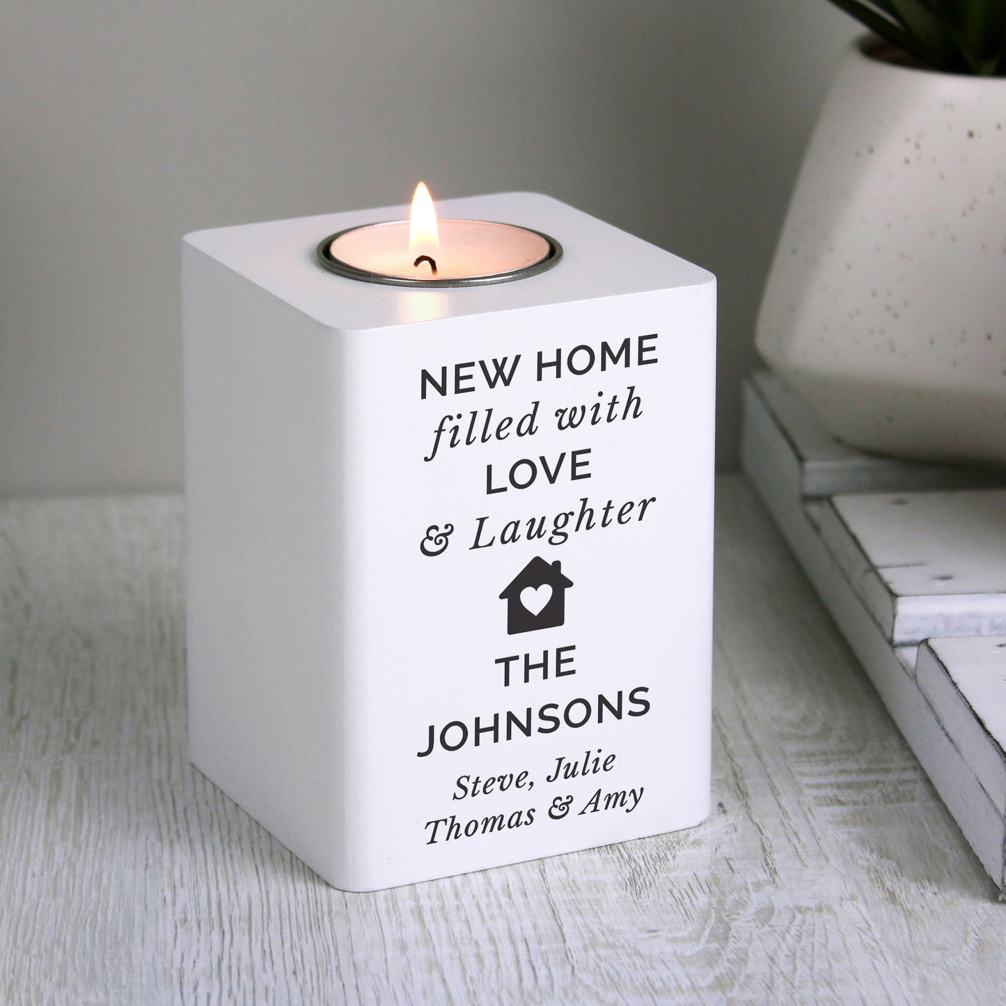 Personalised Home White Wooden Tea light Holder