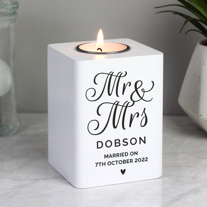 Personalised Mr & Mrs White Wooden Tea light Holder