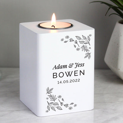 Personalised Floral Leaf White Wooden Tea Light Holder