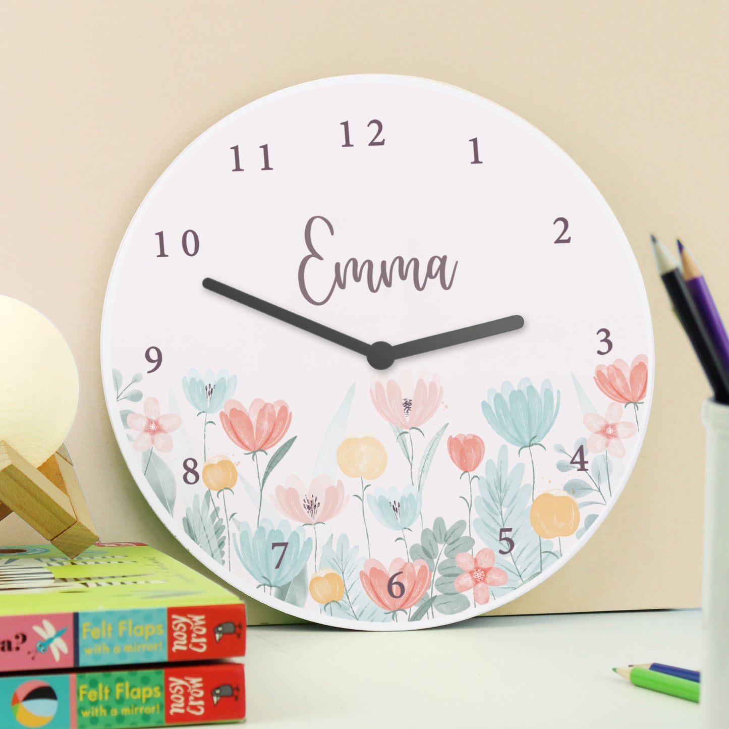 Personalised Floral Wooden Childrens Clock