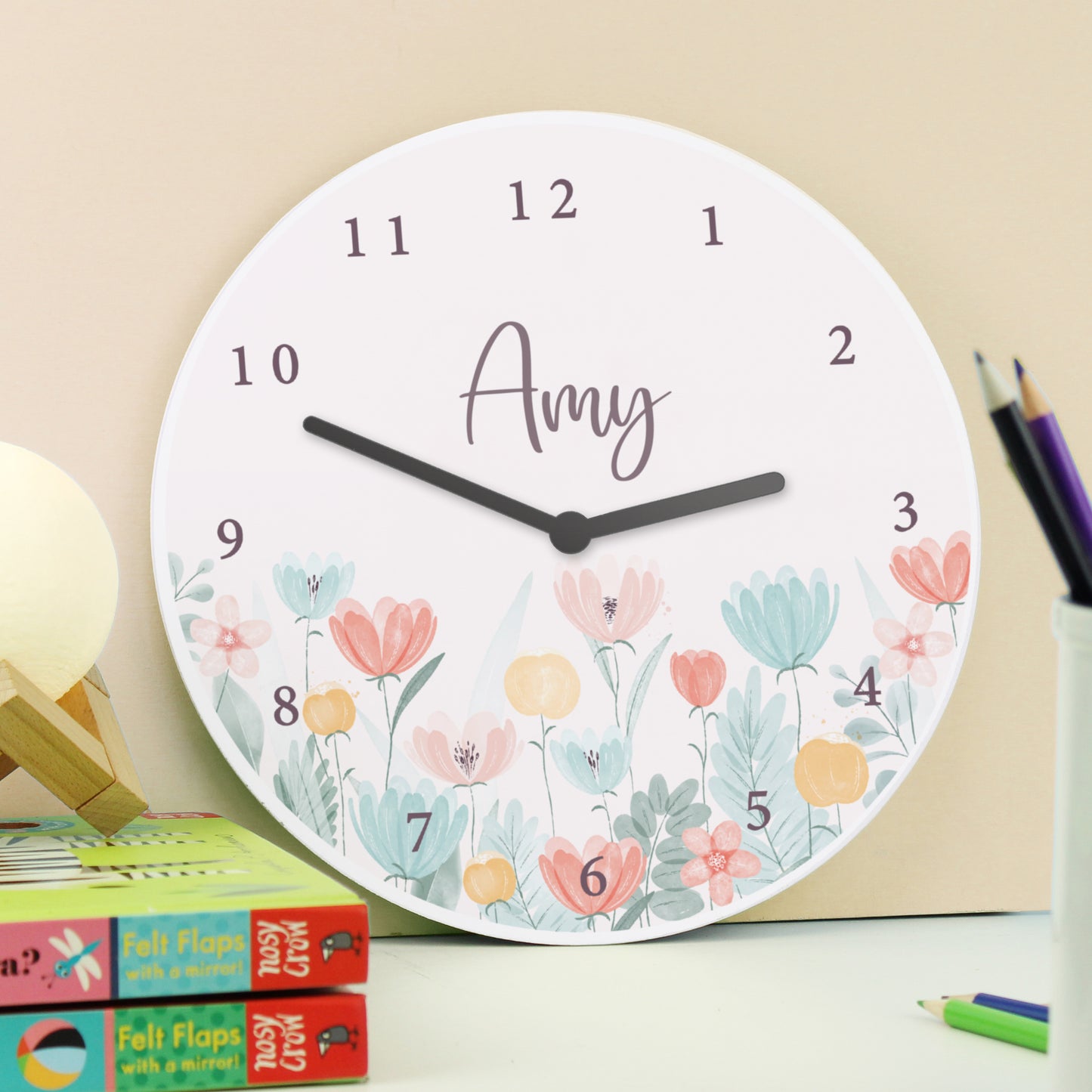 Personalised Floral Wooden Childrens Clock