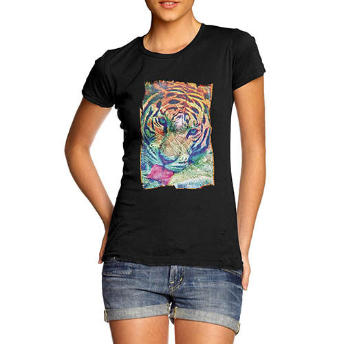 Womens Psychedelic Tiger Distress Print T-Shirt