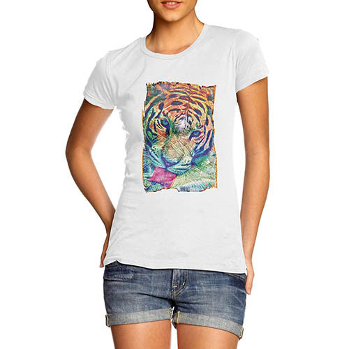 Womens Psychedelic Tiger Distress Print T-Shirt