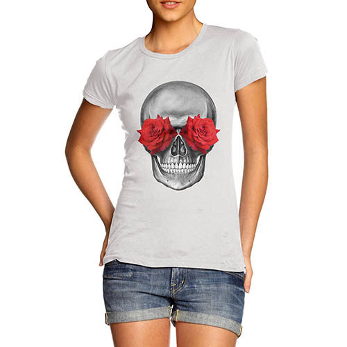 Womens Gothic Print Skulls Flower Eyes T-Shirt