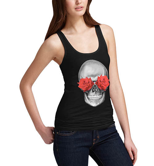 Womens Gothic Print Skulls Flower Eyes Tank Top