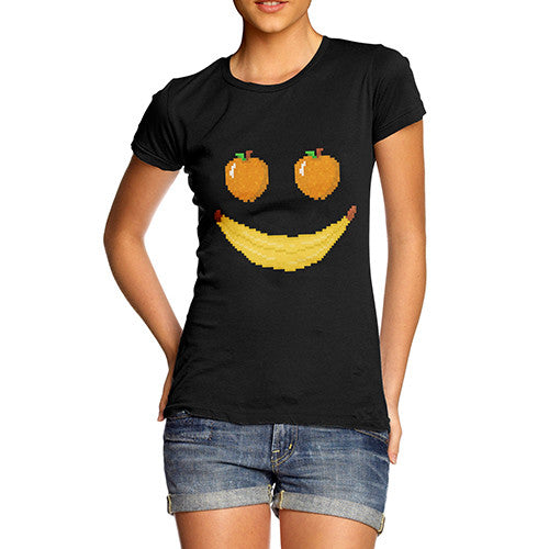 Women's Pixel Smiling Fruit Black T Shirt