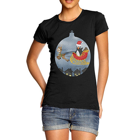 Womens Santa Guin Penguin On Sledge T-Shirt