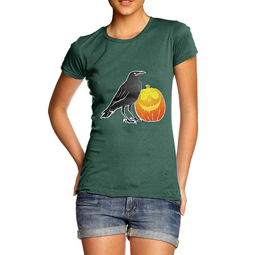 Women's Halloween Black Crow and Pumpkin T-Shirt