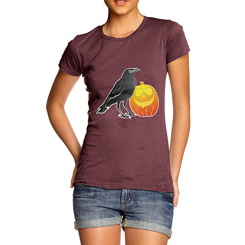 Women's Halloween Black Crow and Pumpkin T-Shirt