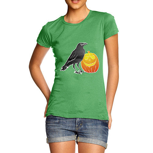 Women's Halloween Black Crow and Pumpkin T-Shirt