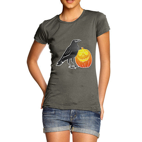 Women's Halloween Black Crow and Pumpkin T-Shirt