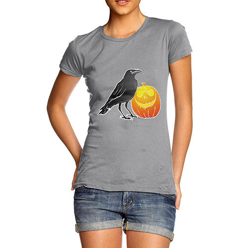 Women's Halloween Black Crow and Pumpkin T-Shirt