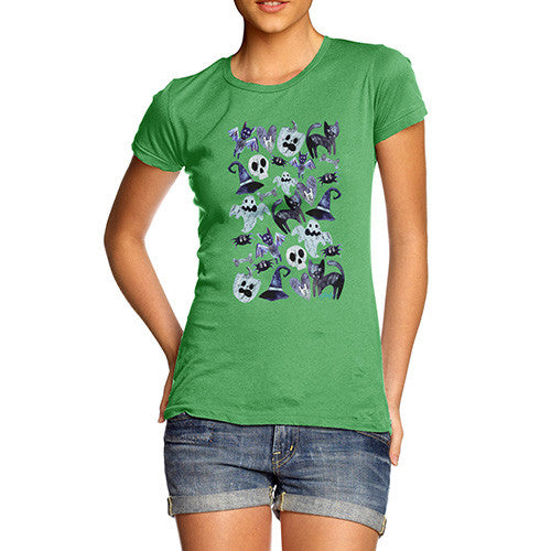 Women's Halloween Cats Witches Skulls T-Shirt