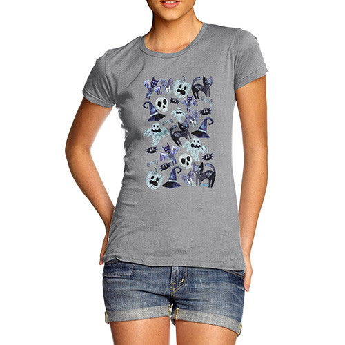 Women's Halloween Cats Witches Skulls T-Shirt