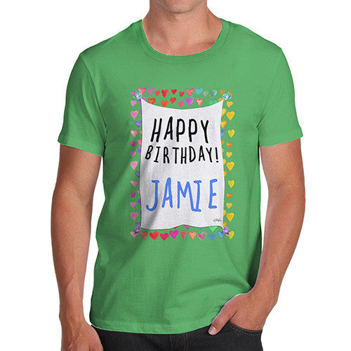 Men's Personalised Happy Birthday! Birds & Hearts T-Shirt