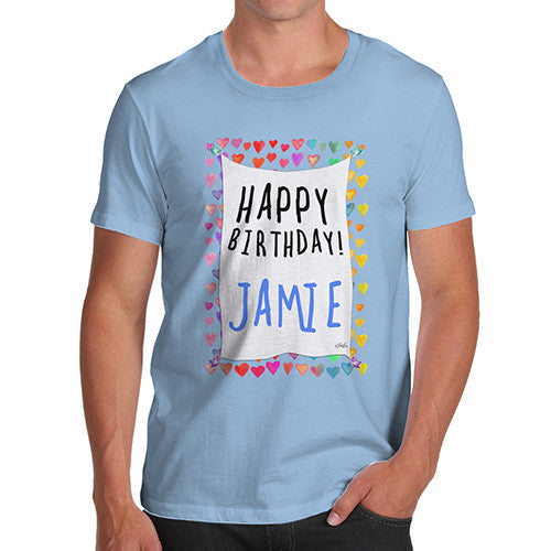 Men's Personalised Happy Birthday! Birds & Hearts T-Shirt