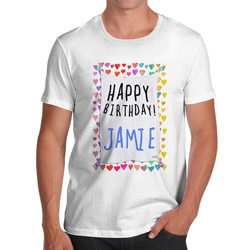 Men's Personalised Happy Birthday! Birds & Hearts T-Shirt