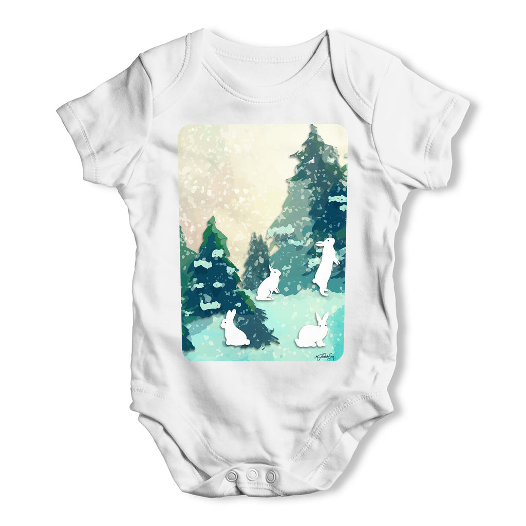 Rabbits in Snow Covered Woods Baby Grow Bodysuit