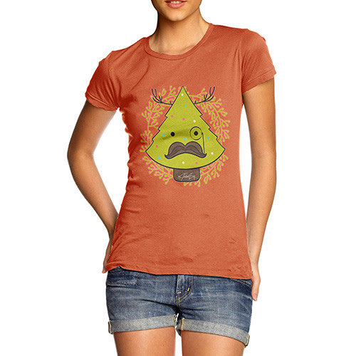 Women's Funny Hipster Moustache Christmas Tree T-Shirt