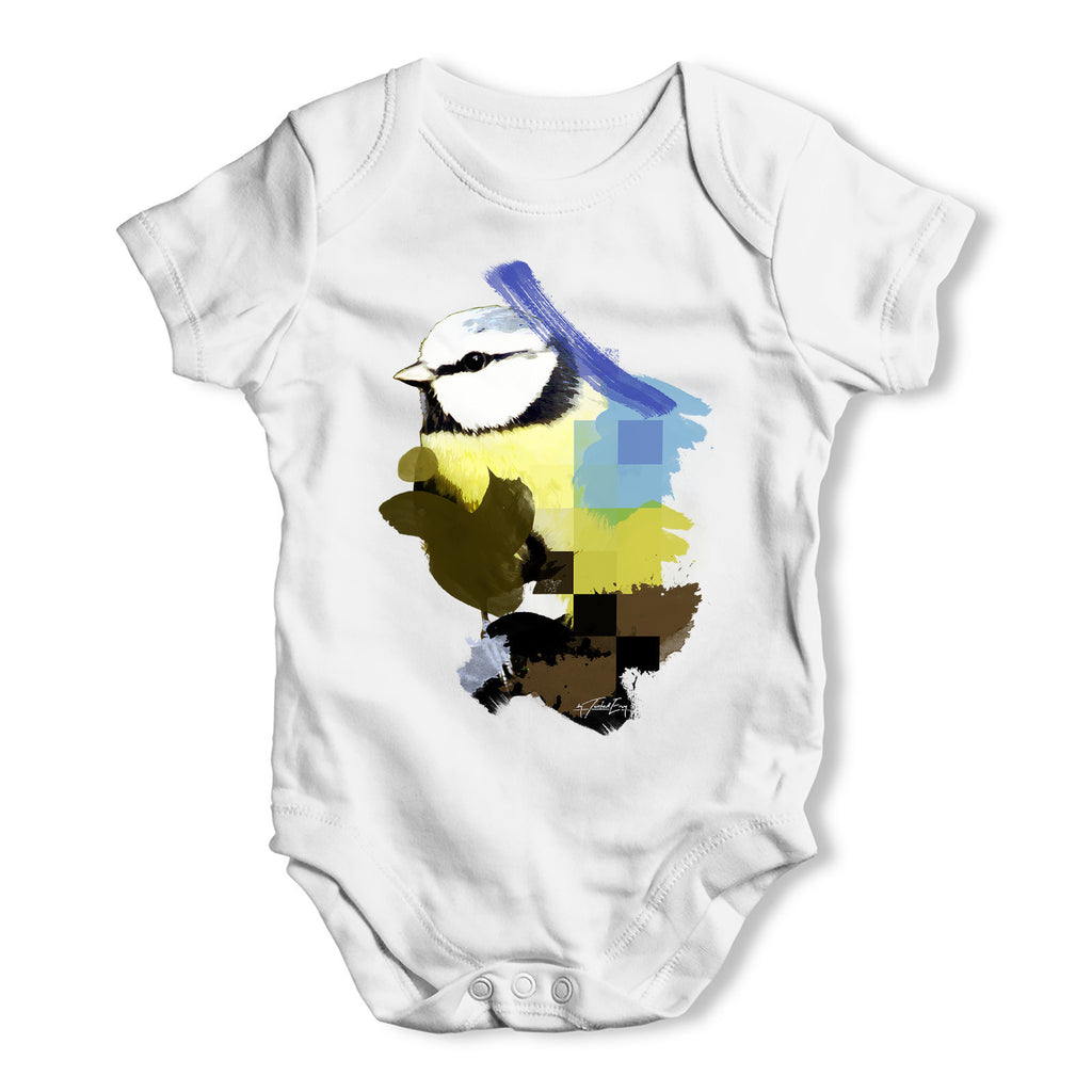 Watercolour Pixel Blue Tit Bird Baby Grow Bodysuit