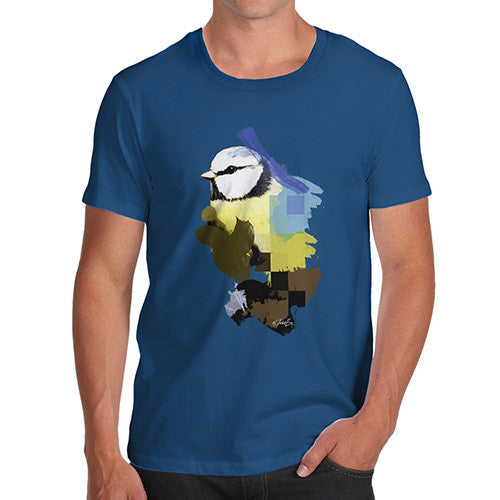 Men's Watercolour Pixel Blue Tit Bird T-Shirt