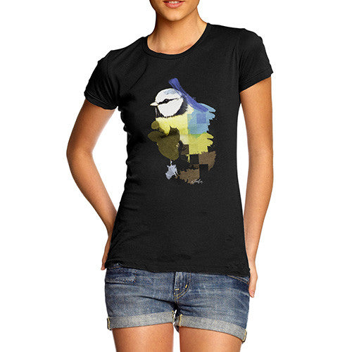 Women's Watercolour Pixel Blue Tit Bird T-Shirt