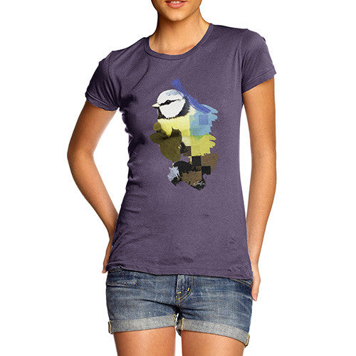 Women's Watercolour Pixel Blue Tit Bird T-Shirt