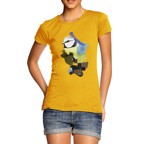 Women's Watercolour Pixel Blue Tit Bird T-Shirt