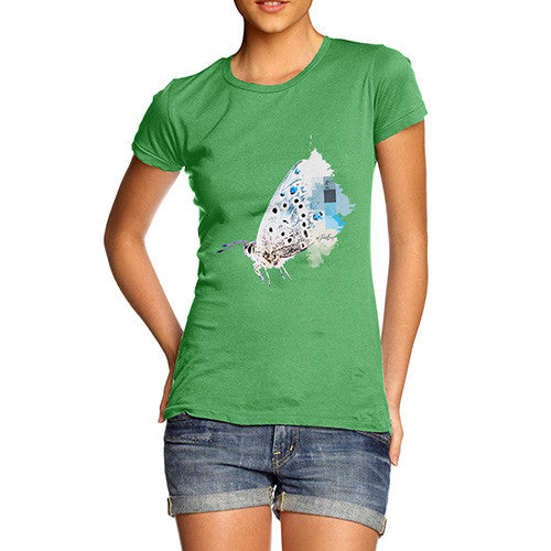 Women's Watercolour Pixel Common Blue Butterfly T-Shirt