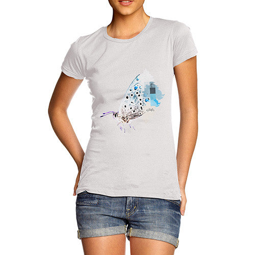 Women's Watercolour Pixel Common Blue Butterfly T-Shirt