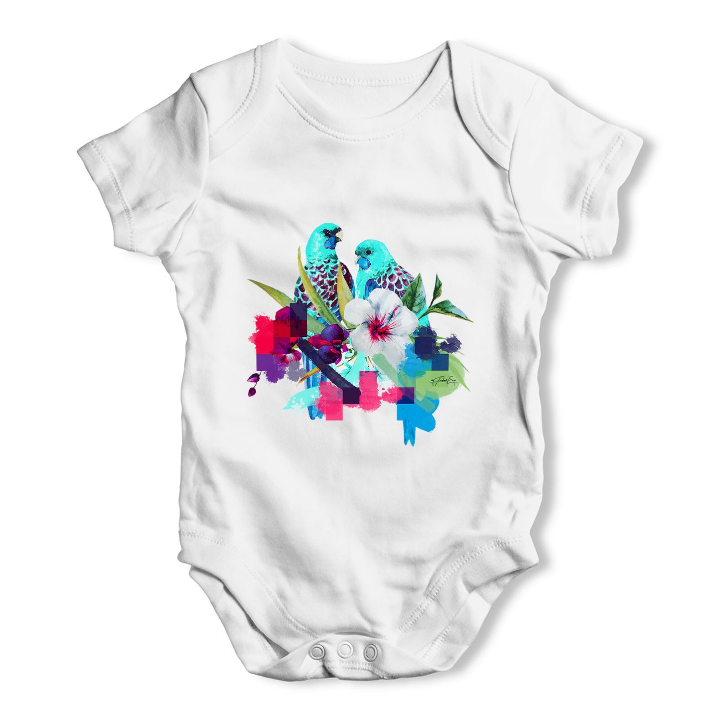 Watercolour Pixel Birds With Flowers Baby Grow Bodysuit