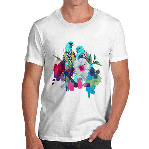 Men's Watercolour Pixel Birds With Flowers T-Shirt