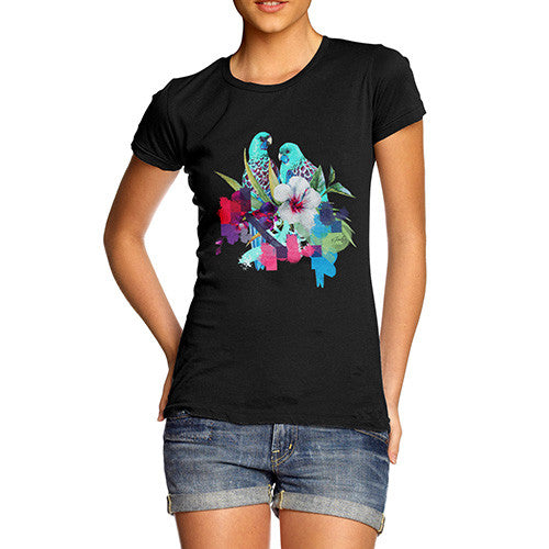 Women's Watercolour Pixel Birds With Flowers T-Shirt