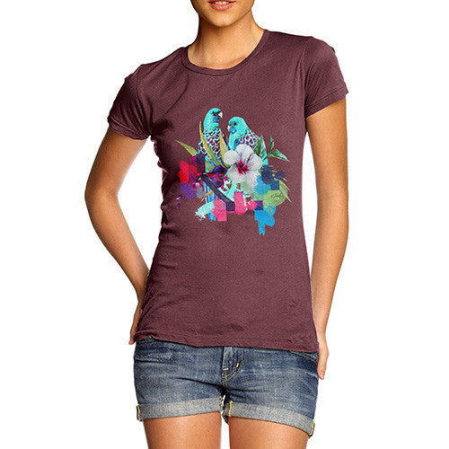 Women's Watercolour Pixel Birds With Flowers T-Shirt