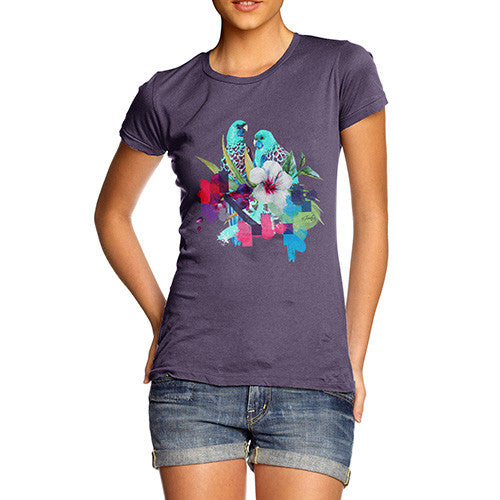 Women's Watercolour Pixel Birds With Flowers T-Shirt