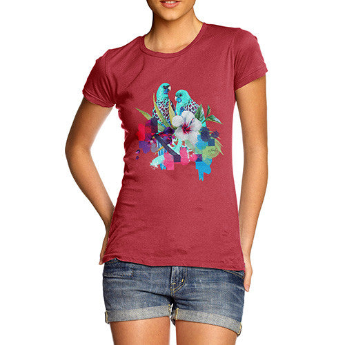 Women's Watercolour Pixel Birds With Flowers T-Shirt